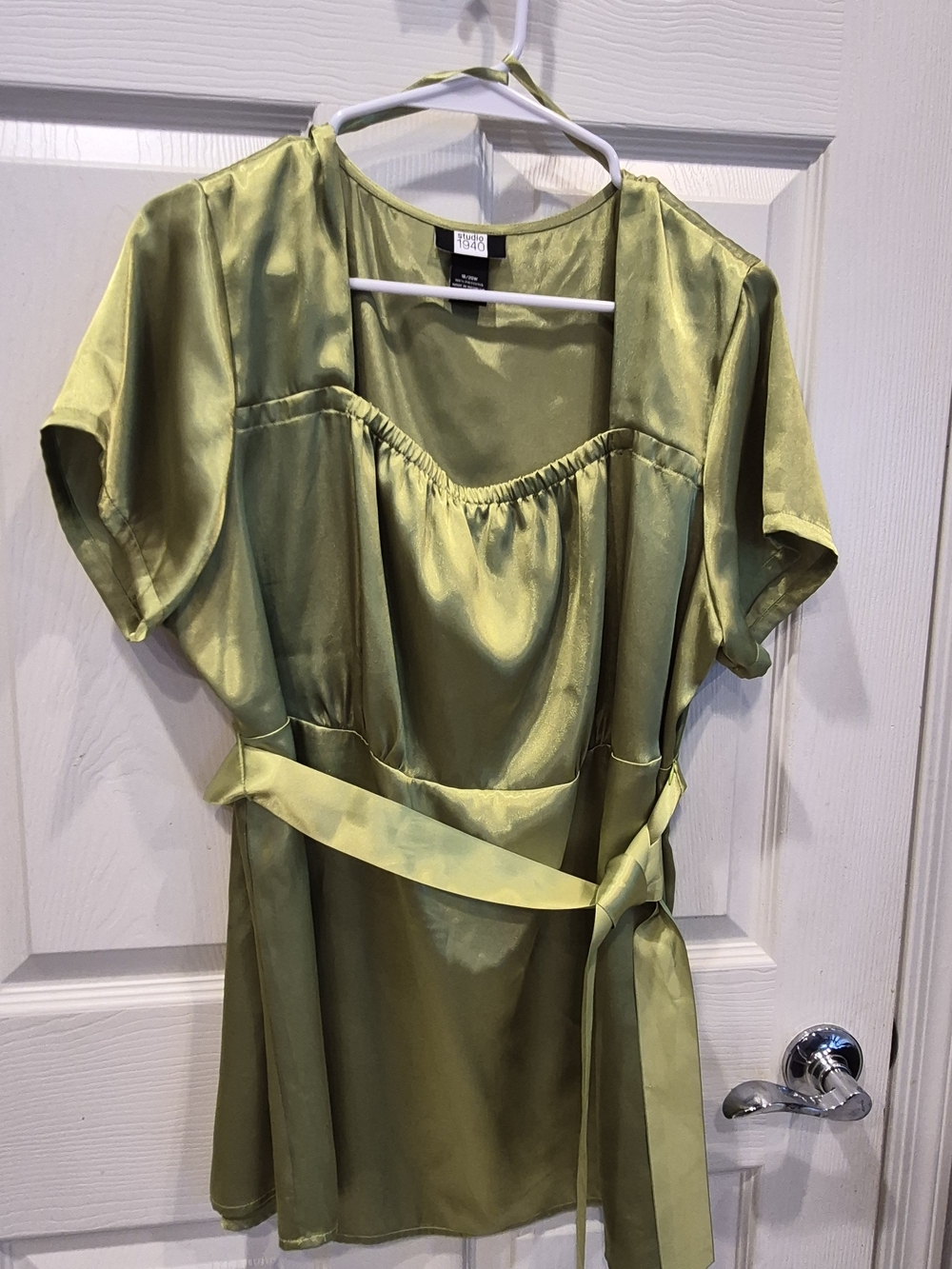 5/25 Satin Olive Green Short Sleeve Wrap Blouse